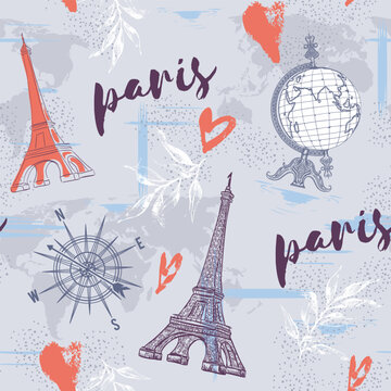 Abstract seamless vector Paris pattern. Eigel tower repeats print for fashion textile, clothes, wrapping paper. Flowers, cute vector pattern
