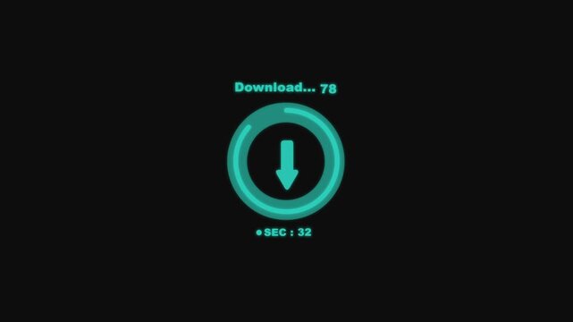 Teal download progress circle with text and timer on dark animated background loading indicator