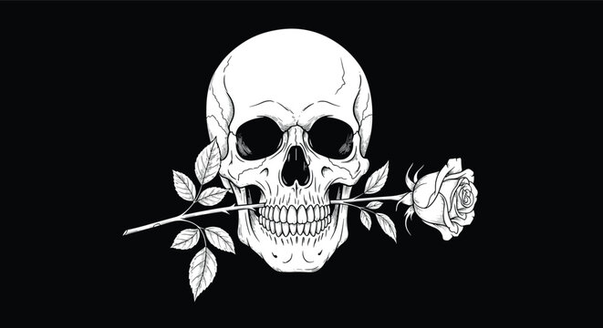 Detailed black and white hand drawn illustration of a realistic human skull holding a long stemmed rose in its teeth.