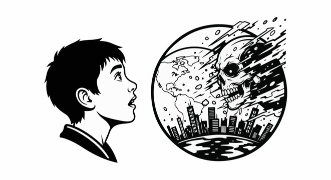 Astonished boy gazes at apocalyptic vision of planet Earth