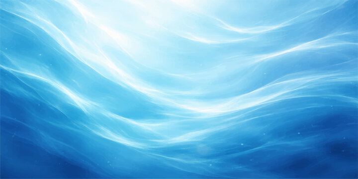 Abstract blue background with flowing liquid waves and a soft cloud texture creates a serene nature design featuring light motion and a blurred summer ocean pattern