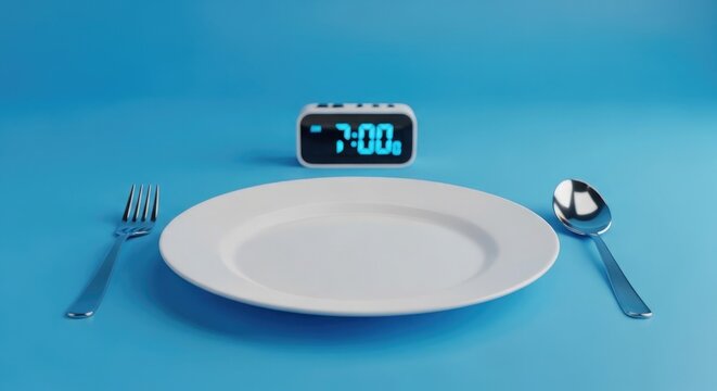 Empty plate with digital clock a concept of time and meals