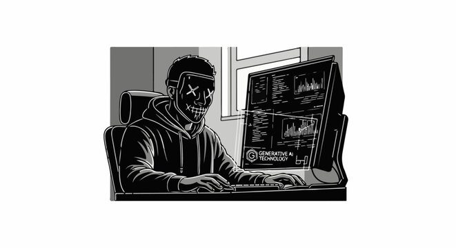 Anonymous figure in a mask at a computer screen displaying code