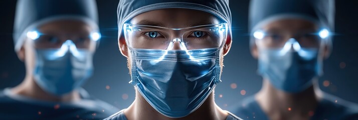 Fototapeta premium Close-up of a surgeon with glowing blue eyes wearing surgical mask and protective glasses, with colleagues in the background