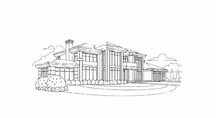 Fototapeta premium Architectural sketch of a large, modern house with manicured landscaping