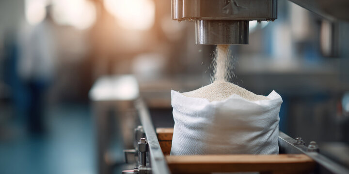 Industrial machine filling sack with grain