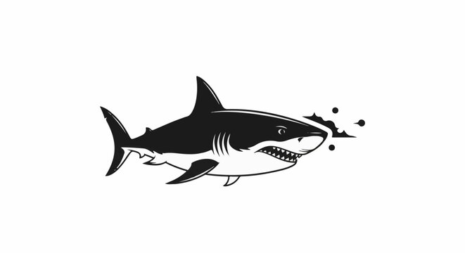 Black and white illustration of a shark with sharp teeth and splashing water