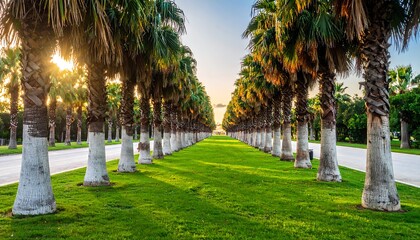Obraz premium Row of tall palm trees lining green lawn at golden hour; sky fades to orange