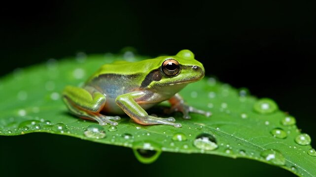 A vibrant tree frog perched on a green leaf covered in droplets