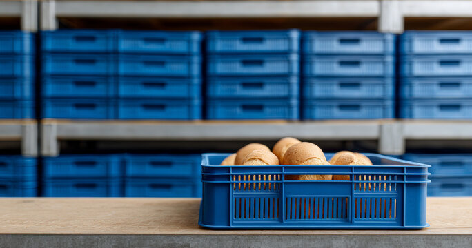 Fresh bread rolls in blue plastic crate