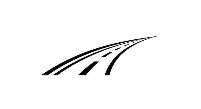 Black and white depiction of a curved road with dashed white lines