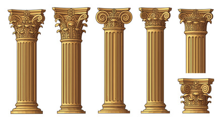 Naklejka premium Collection of ornate classical architectural columns in golden tones inspired by ancient Greek and Roman stone pillars.