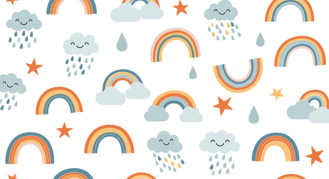Adorable seamless pattern featuring smiling rain clouds, colorful rainbows, stars, and raindrops for nursery or kids room decor.
