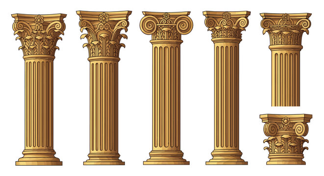 Collection of ornate classical architectural columns in golden tones inspired by ancient Greek and Roman stone pillars.