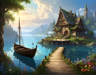 Obraz premium Quaint moss-covered cottage on a lake, accessed by a wooden boardwalk. Sailboat rests near floral banks