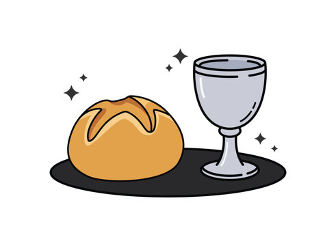Christian Holy Communion illustration featuring a loaf of bread and a silver chalice on a clean white background.