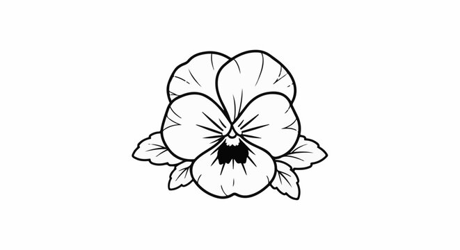 Black and white outline drawing of a single pansy flower with leaves