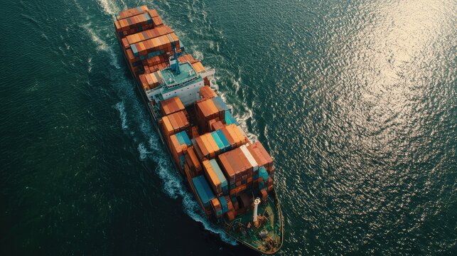 Large cargo feeder vessel transporting containers over ocean
