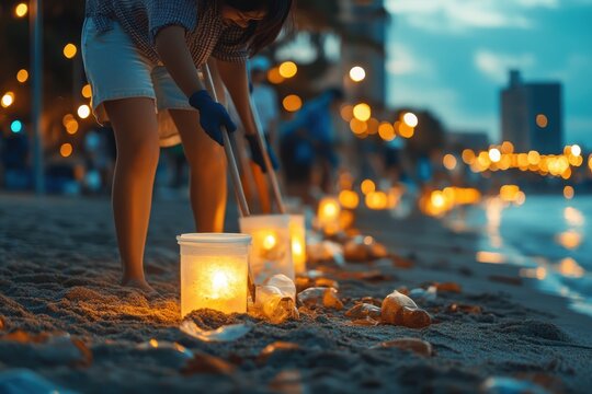 Volunteers cleaning a beach with lanterns at dusk