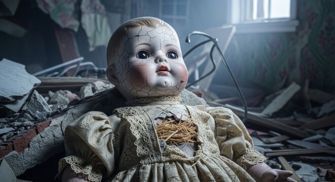 Creepy cracked porcelain doll with one eye missing