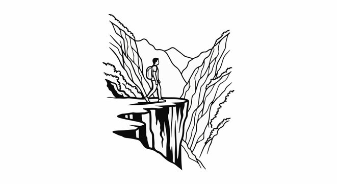 Adventurer stands on cliff edge overlooking vast mountain range