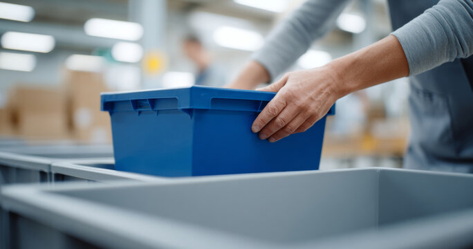 Worker handling blue plastic storage bin