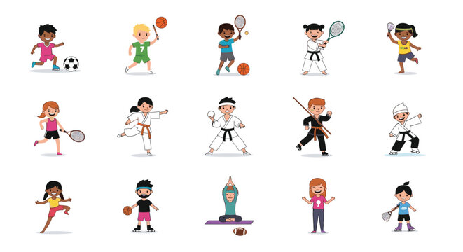 Extensive collection of diverse children happily participating in various sports like soccer, basketball, karate, and yoga.