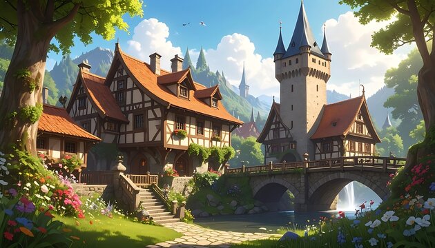 Quaint medieval village scenery with timbered buildings, stone tower and vibrant colorful flowers along the river