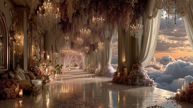 Ethereal Sky Wedding Fantasy with Floating Floral Aisle, Crystal Chandeliers and Romantic Sunset Dreamscape