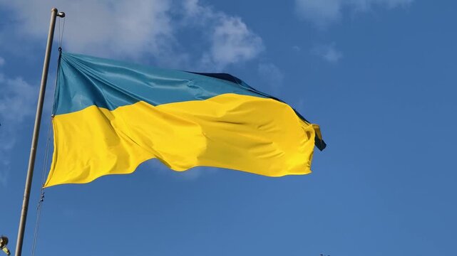 The blue and yellow national flag of Ukraine flutters proudly in a gentle breeze. The banner stands out against a clear blue sky as a symbol of sovereignty and independence.