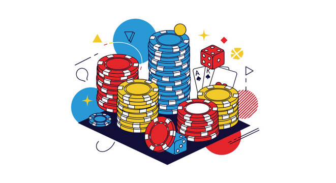 Dynamic isometric illustration of casino gambling essentials including colorful poker chips, playing cards, and red dice for betting.