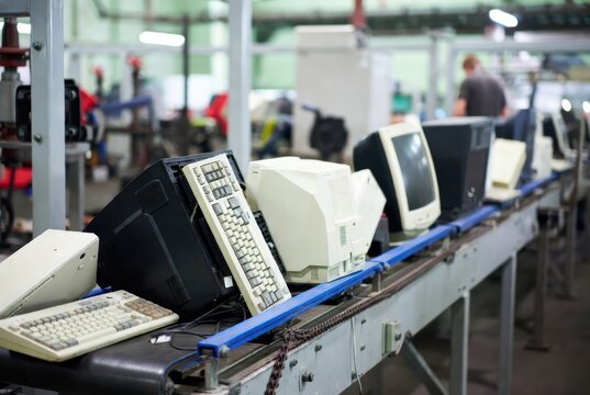 Obsolete computer monitors and keyboards on a conveyor belt in a recycling facility
