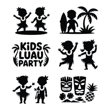 Kids luau party black silhouettes on white background