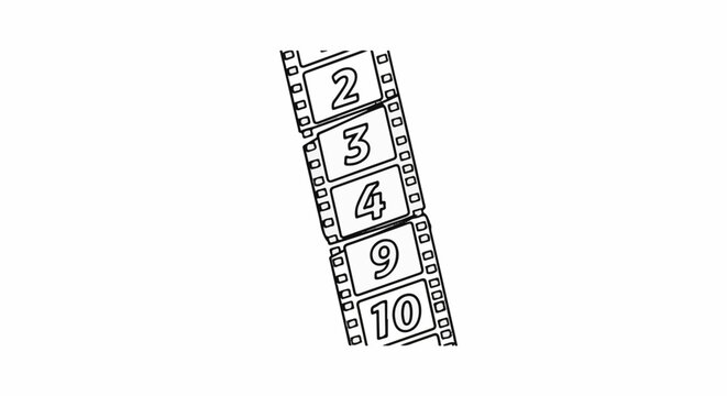 Black and white illustration of a film strip with numbers 2, 3, 4, 9, 10