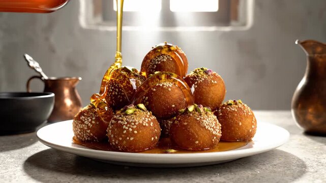 Golden luqaimat dumplings with sesame and pistachios on white plate, thick amber honey pouring from bottle above in morning light shaft, grey stone counter, traditional Arabic kitchen, Eid Ul Adha cel