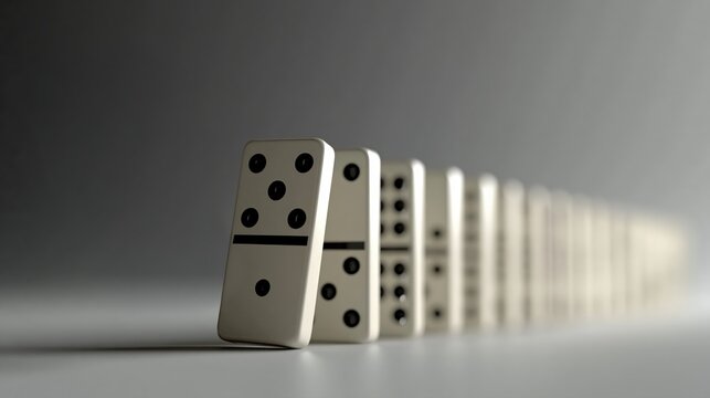 Dominos blancs align&eacute;s en perspective sur fond gris dans un &eacute;clairage doux