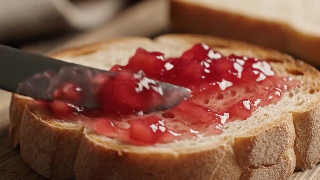 Making toast with jam on a slice of bread in the kitchen during the morning