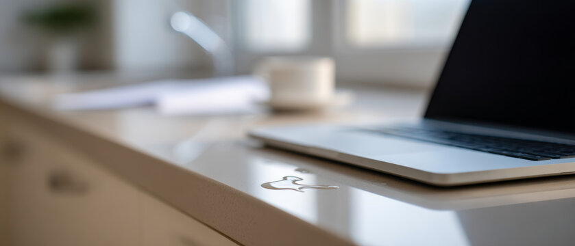 Water spill on kitchen counter near laptop