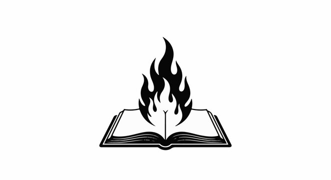An open book with flames rising from its pages, depicted in a black and white graphic style