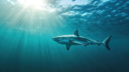 Obraz premium Great white shark cruising silently below a surf break, menacing shadow, dynamic ocean
