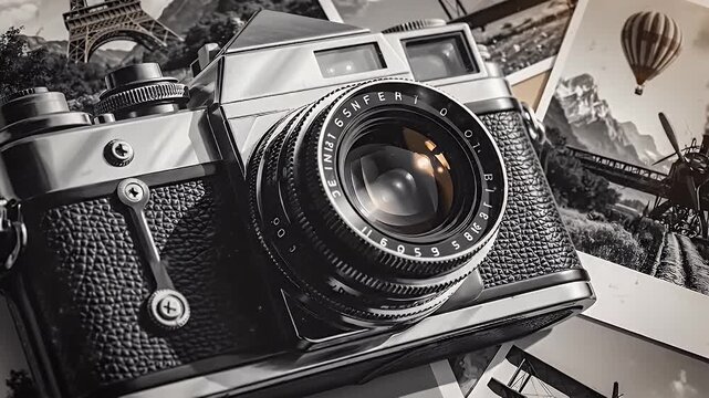 Black and white montage of a vintage camera surrounded by travel photographs and landmarks