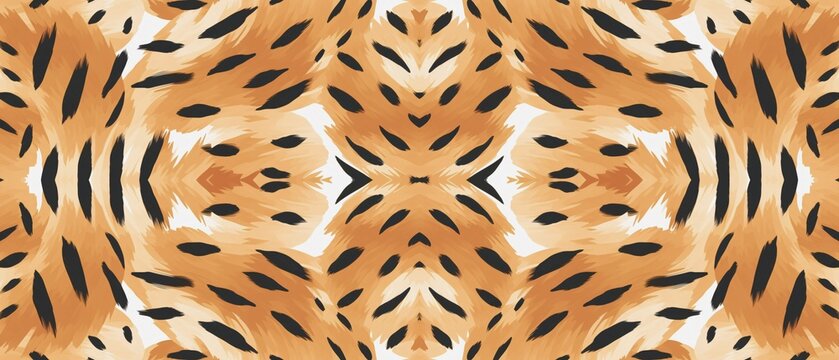 A mesmerizing and symmetrical abstract pattern featuring brush strokes resembling animal print with a dominant orange and black color palette creating a dynamic visual texture.