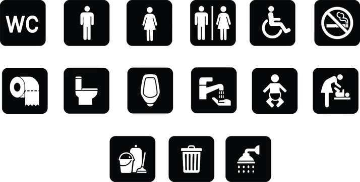 Public restroom and facility sign set with WC, baby care, and accessibility icons.