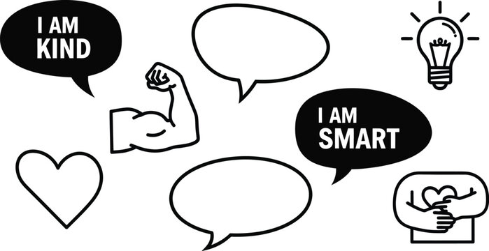 Self-affirmation, positive mindset, kindness, intelligence, self-care, inspiration, thought bubbles