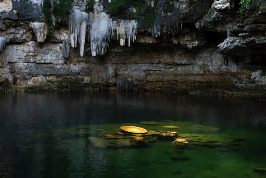 Ancient cave with crystal formations and a golden offering in clear green water