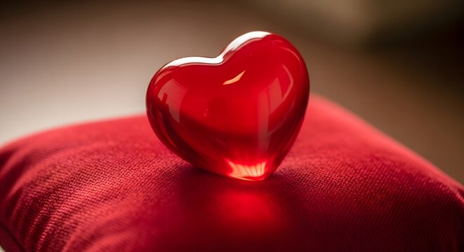 Red heart shaped glass sitting on a red velvet cushion in a warm light setting