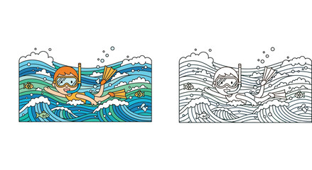 Child Snorkeling Underwater with Fish and Sea Waves, Cartoon Illustration and Line Art Coloring Page Set for Kids, Vector Swimming Adventure Scene © SHOHAG