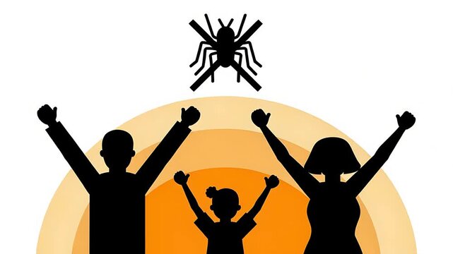 Pest-free home: Happy family silhouette with 'no spider' icon celebrating protection and safety