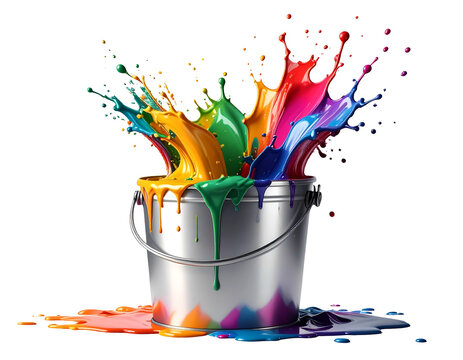 Vibrant, multi-colored liquid explosions erupt from a metallic bucket