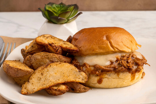 pulled pork with cheese on a brioche bun,